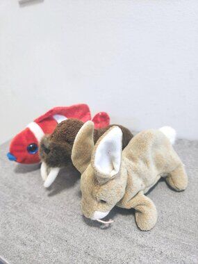 Lot of Three Beanie Babies Paul Walrus Nibbly Rabbit Jester The Goldfish